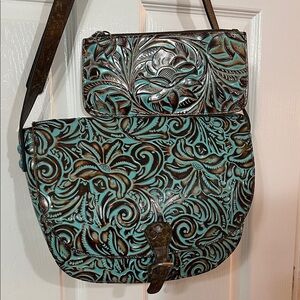Patricia Nash Teal and Brown Embossed Crossbody Bag